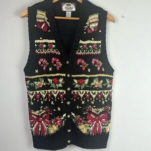 Vintage Tiara International Christmas Sweater Vest Med Embroidery Beads Holiday